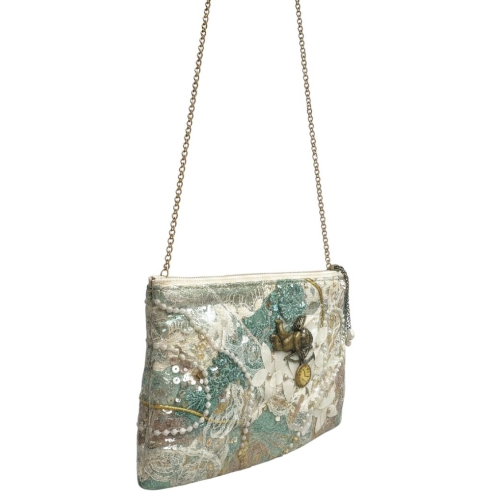 Robin‎ Stier California Vintage Cherub Lace Sequin Mixed Media Chain Clutch Bag